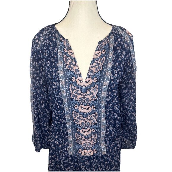 Joie Ariella 100% Silk Drop Waist Lined Navy Floral Dress Sz XS Boho Peasant - Picture 2 of 8